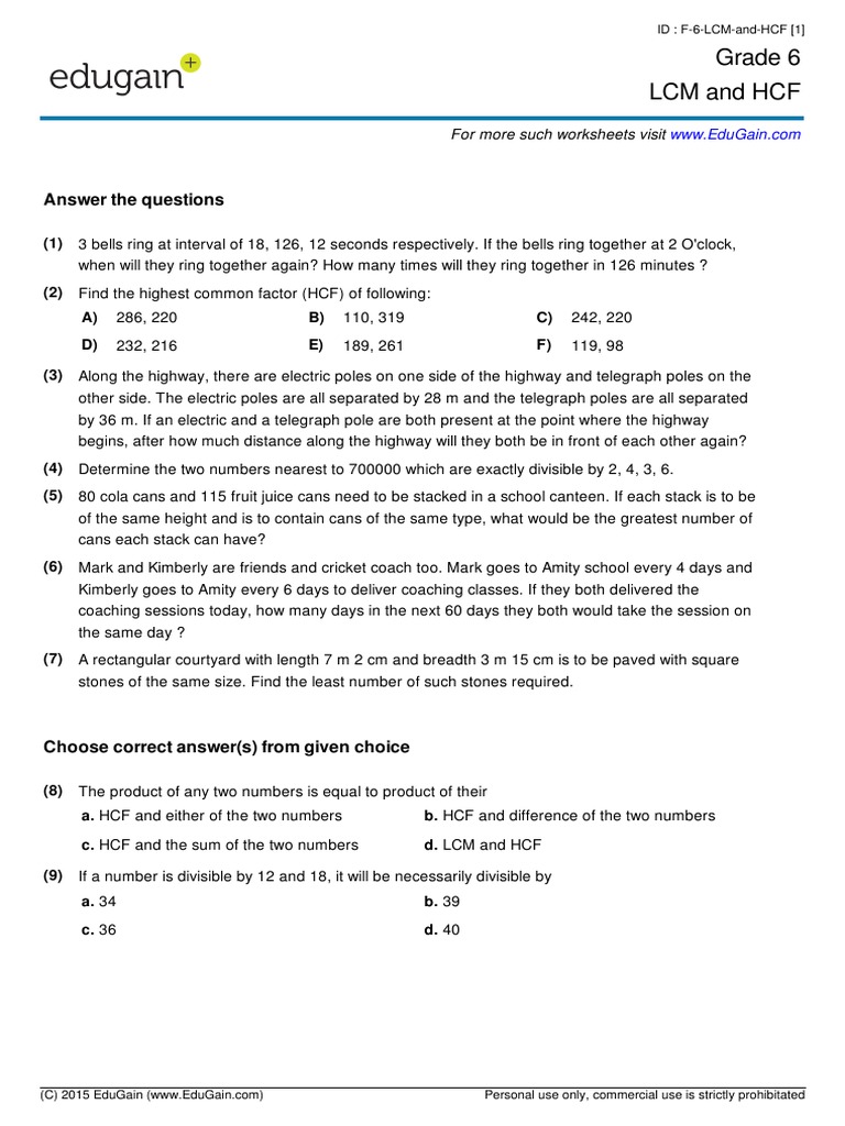 Grade6 Lcm And Hcf Mathematical Objects Mathematical Concepts