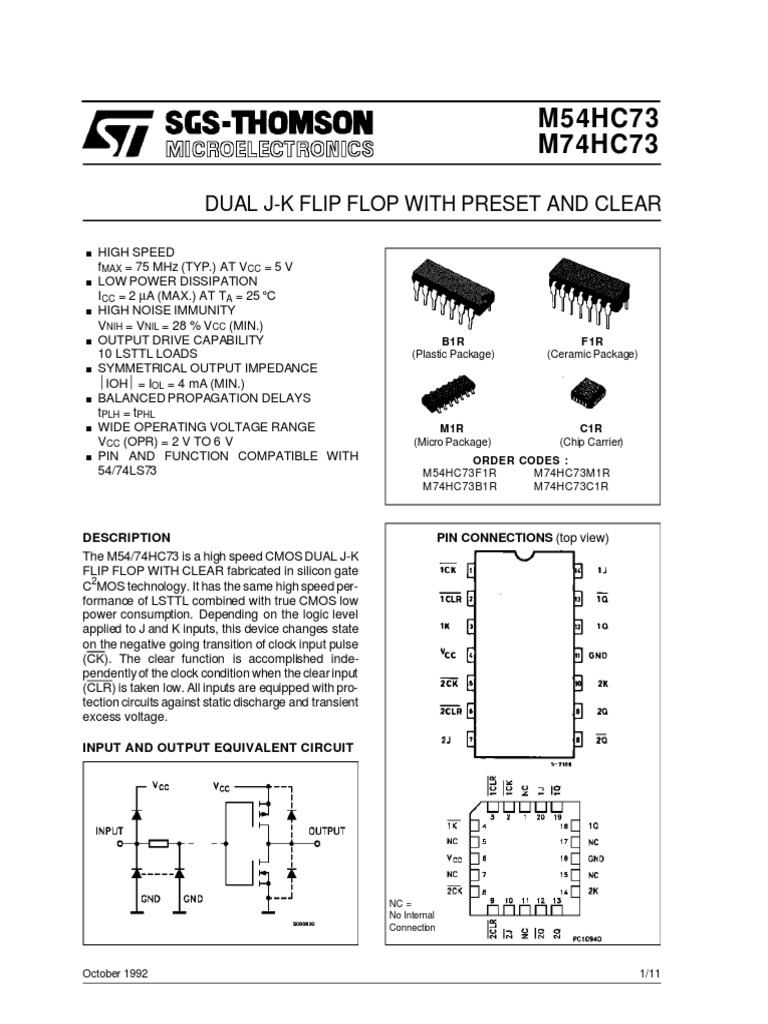 7473 Dual J-K Flip Flop Datasheet | PDF | Logic Gate | Cmos