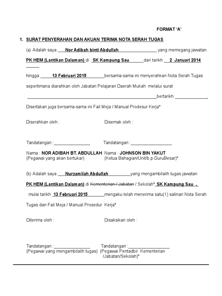 Surat Penyerahan Dan Akuan Terima Nota Serah Tugas Siti Kepada Theresa Pdf