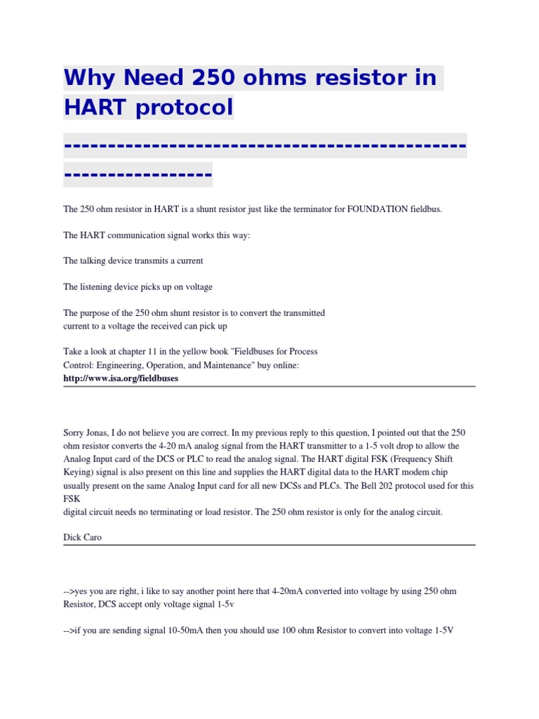 Why Need 250 Ohms Resistor in HART Protocol PDF Resistor Analogue