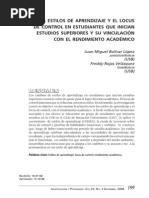 Estilos de Aprendizaje y Locus de Control y Su Relación Con El Rendimiento Académico Universitario