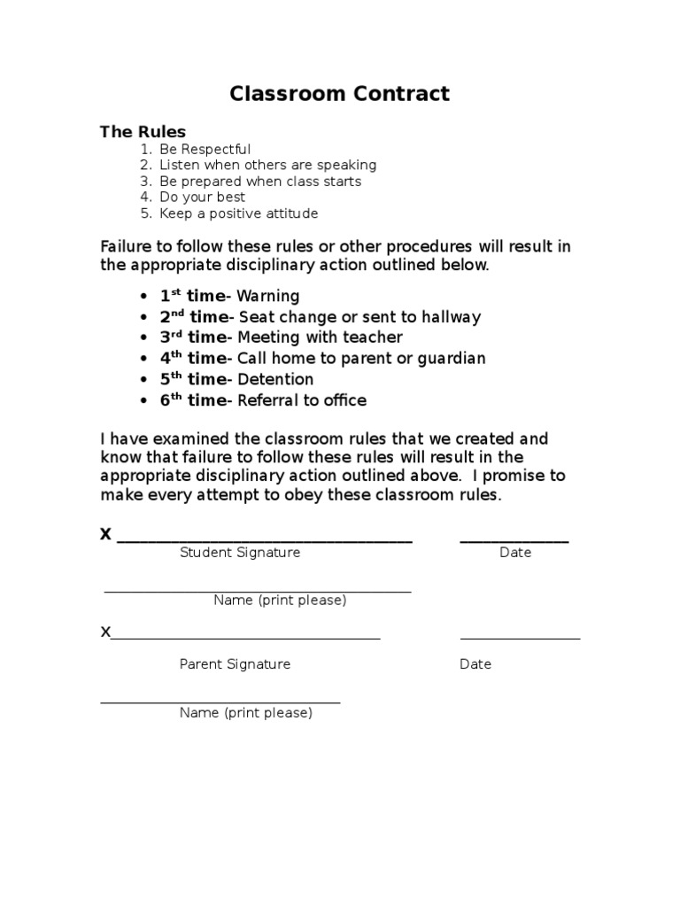 Classroom Rules Contract PDF
