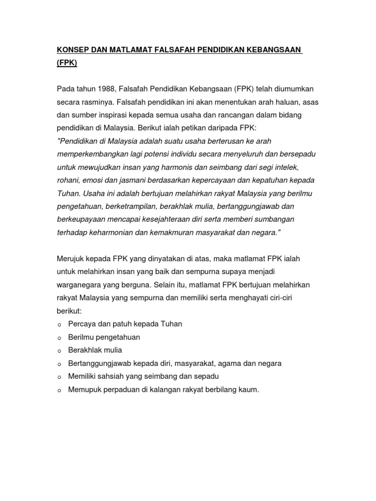 Konsep Dan Matlamat Falsafah Pendidikan Kebangsaan Pdf