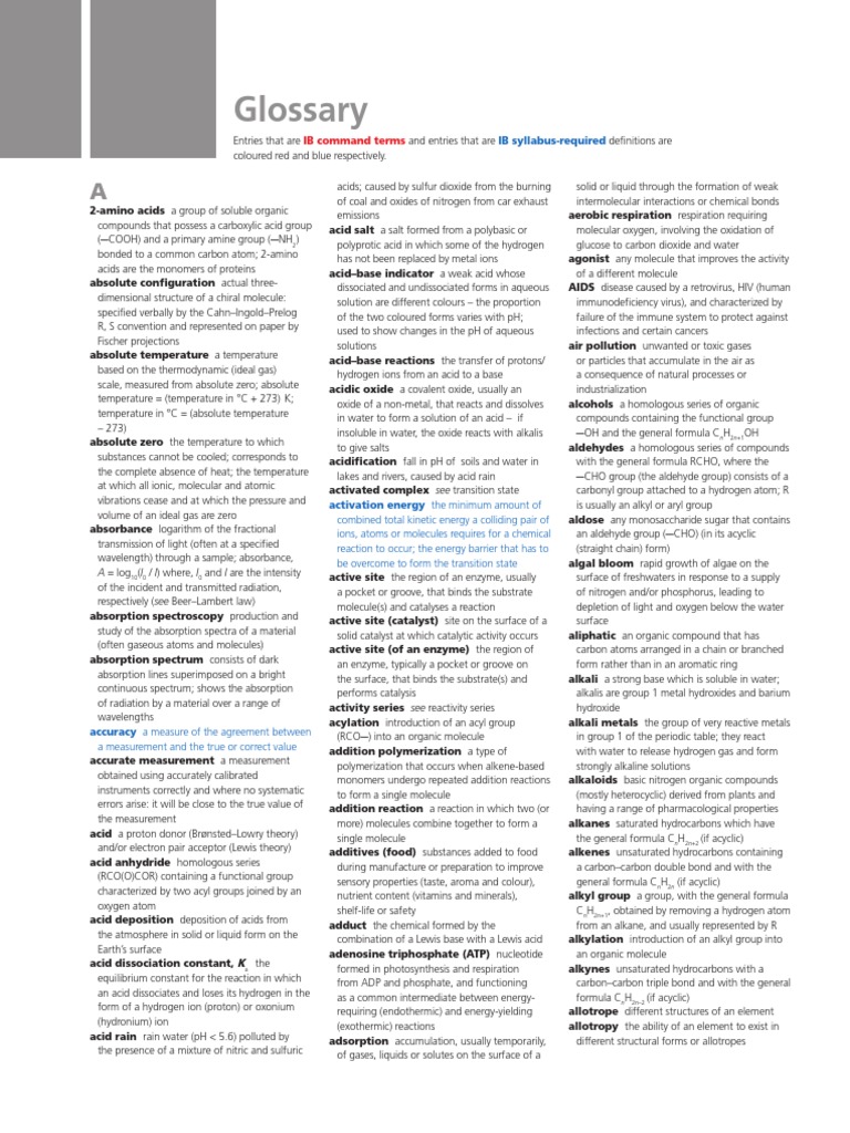 IB HL chemistry Glossary Acid Chemical Reactions