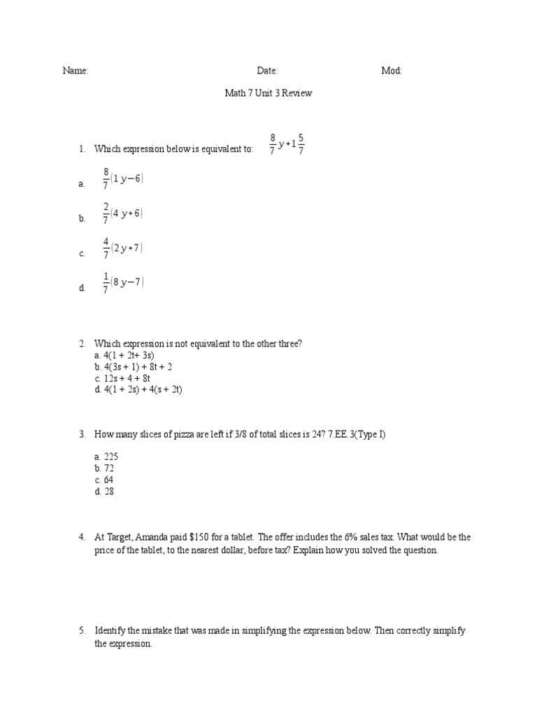 Math 7 Unit 3 Review Questions | PDF