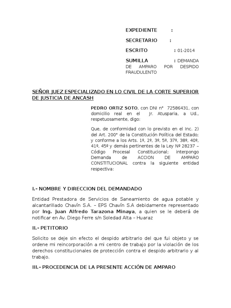 Exp Accion de Amparo Despido Arbitrario | PDF | Demanda judicial | Derecho  laboral