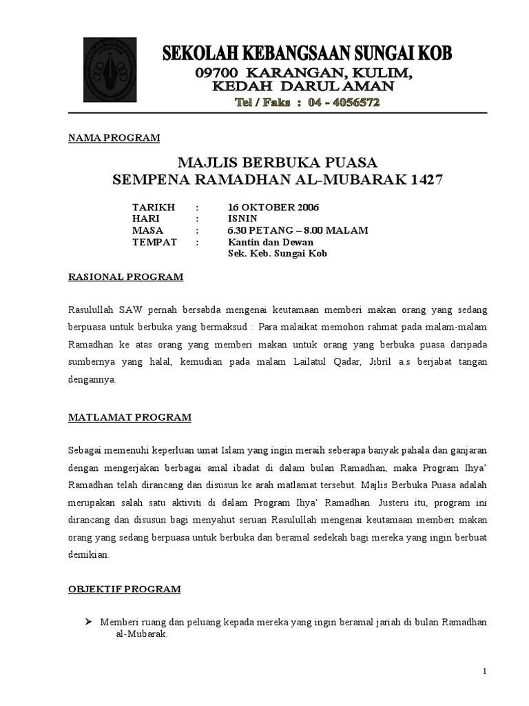 Surat Makluman Kepada Waris Majlis Berbuka Puasa