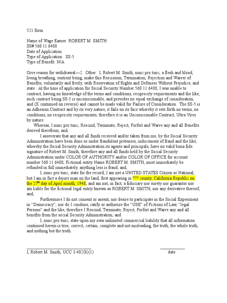 Social Security, 521 Form Generic PDF Rescission Law Of Obligations
