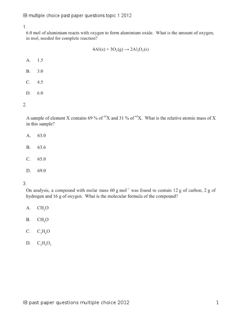 IB 2012 Topic 1 MCQs | PDF