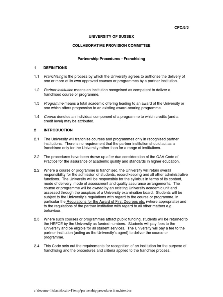 Partnership Procedures for Franchising | PDF | Franchising | Partnership