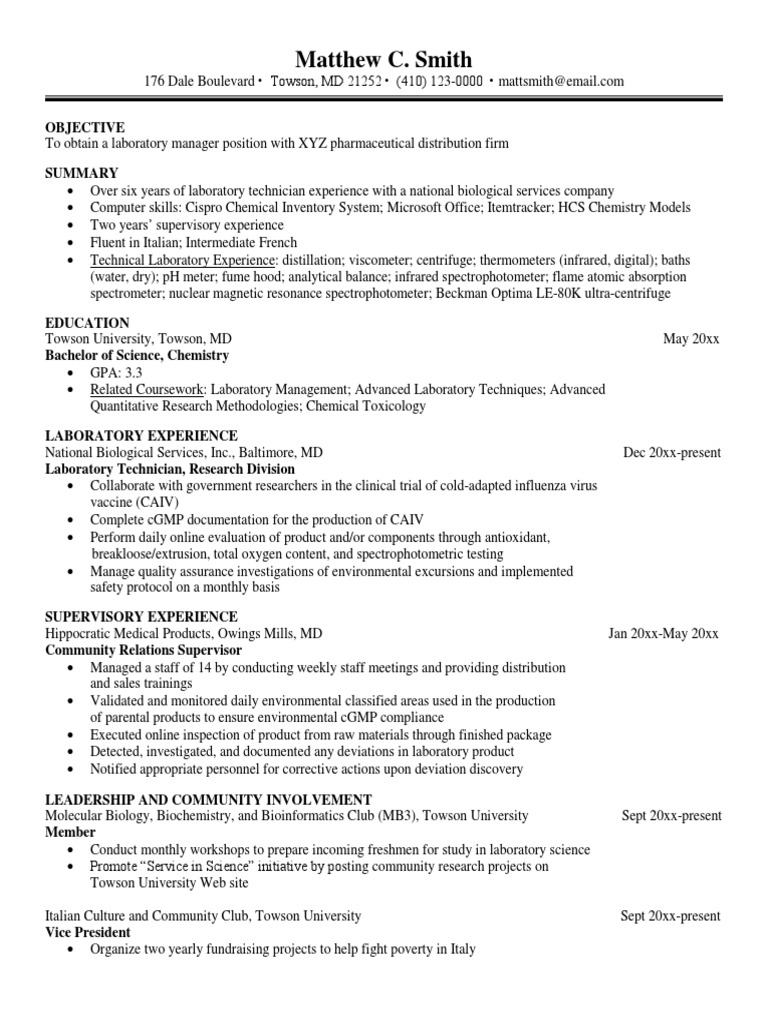 Sample Resume Chemistry Spectrophotometry Laboratories