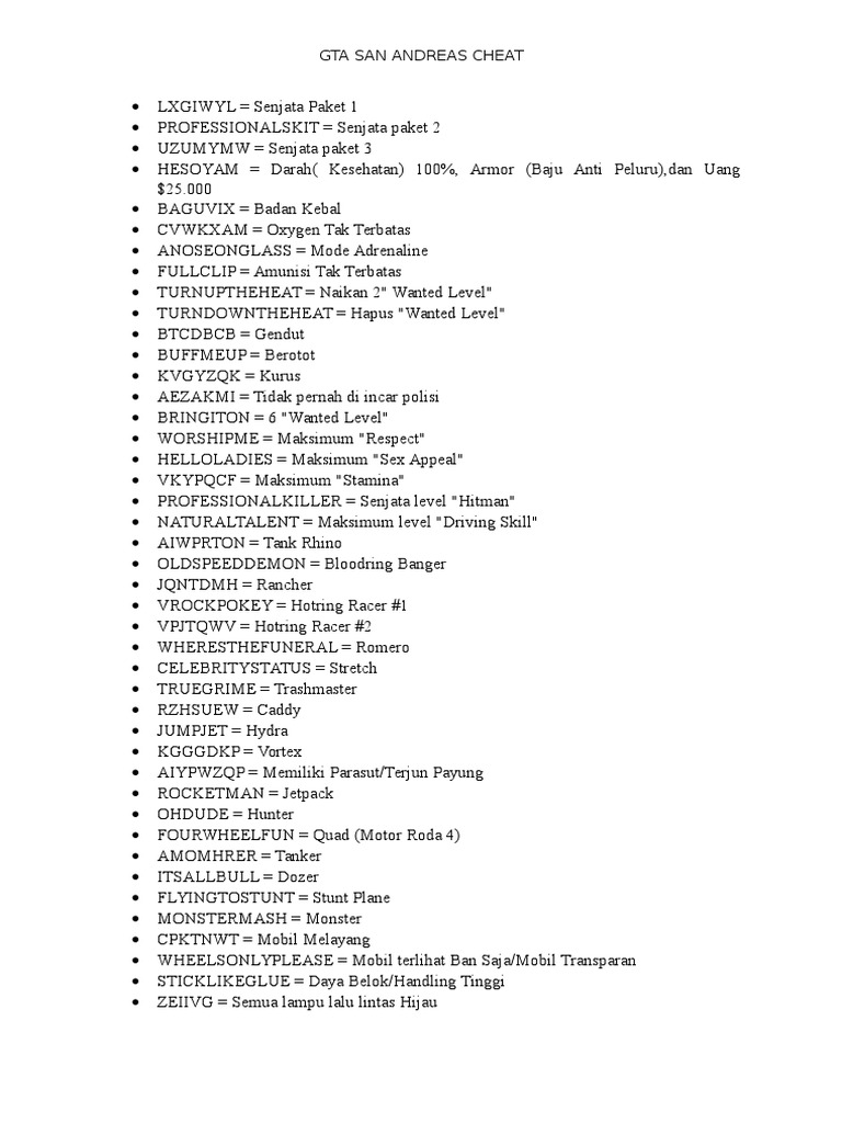 Cheat Gta San Andreas Doc