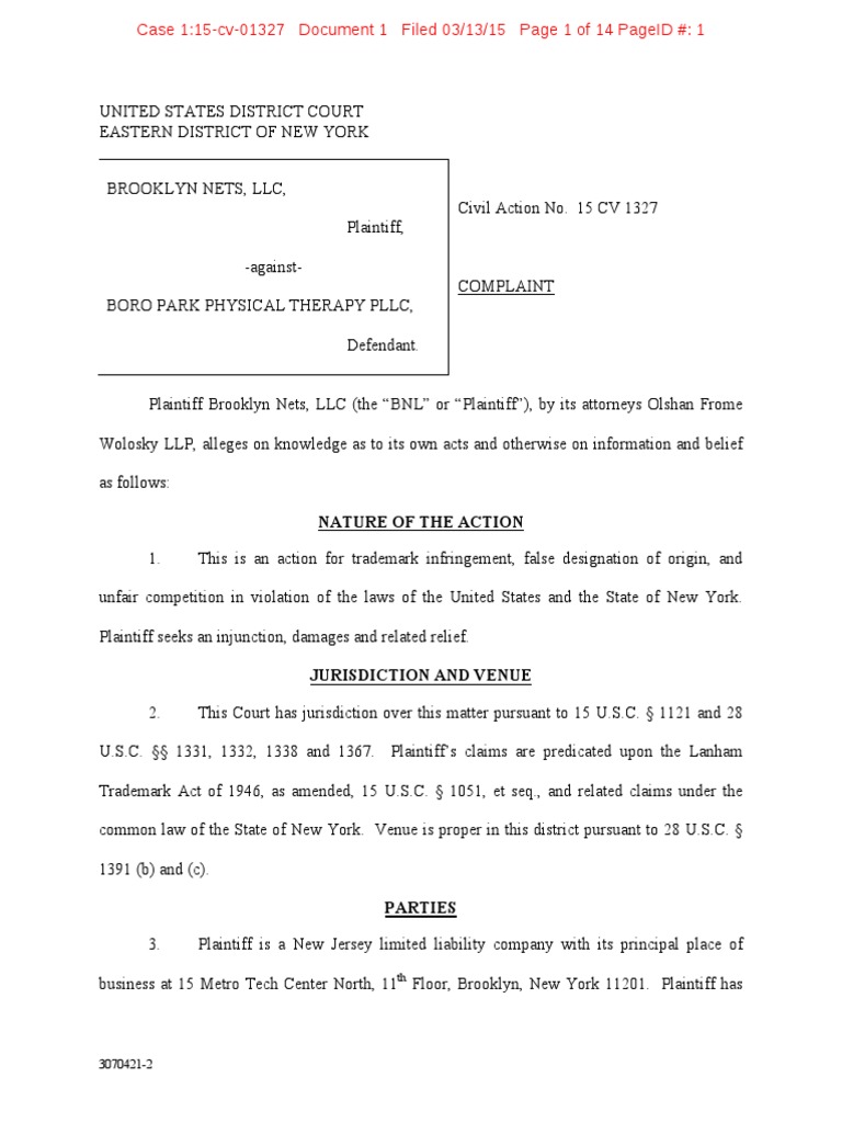 Brooklyn Nets v. Boro Park Physical Therapy - Trademark Complaint PDF ...