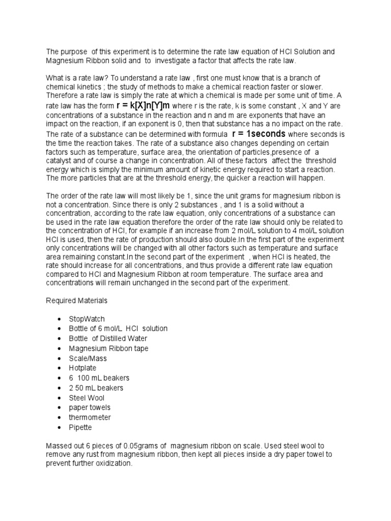 Magnesium and Hydrochloric Acid Reaction Lab PDF Chemical Reactions