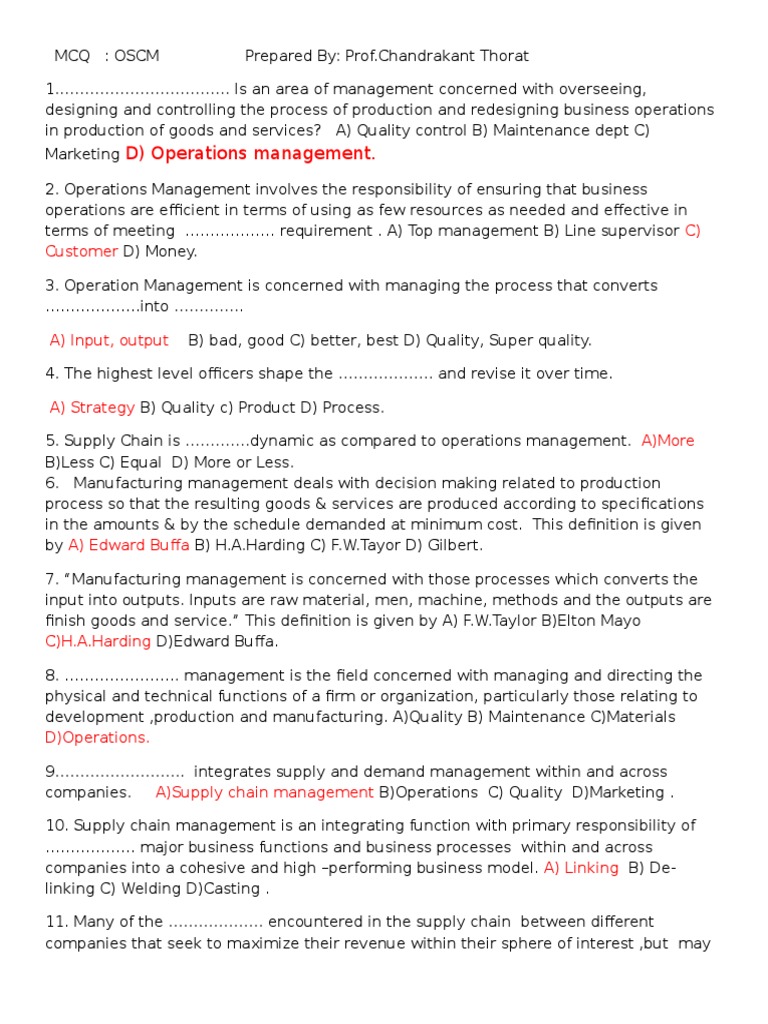 Operation S and Supply Chain Management MCQ PDF Supply Chain Management Operations Management