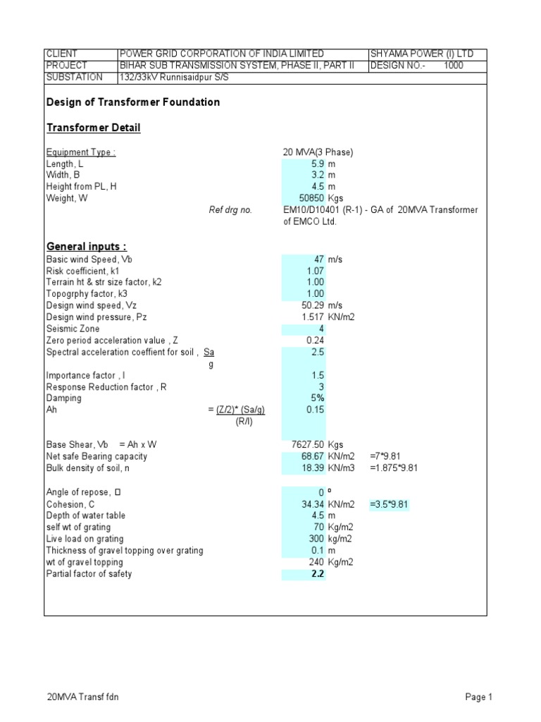 20MVA Transformer Foundation Design | PDF | Electric Power Transmission ...