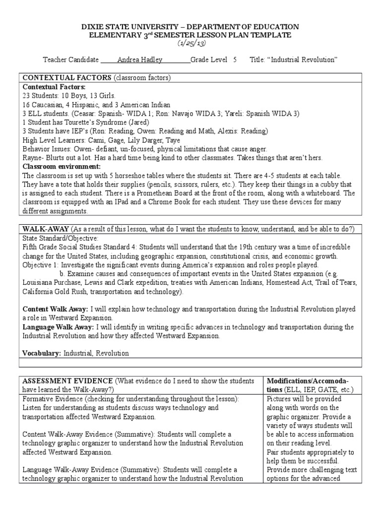 Unit Plan Lesson 5 Industrial Revolution Educational Assessment Vocabulary