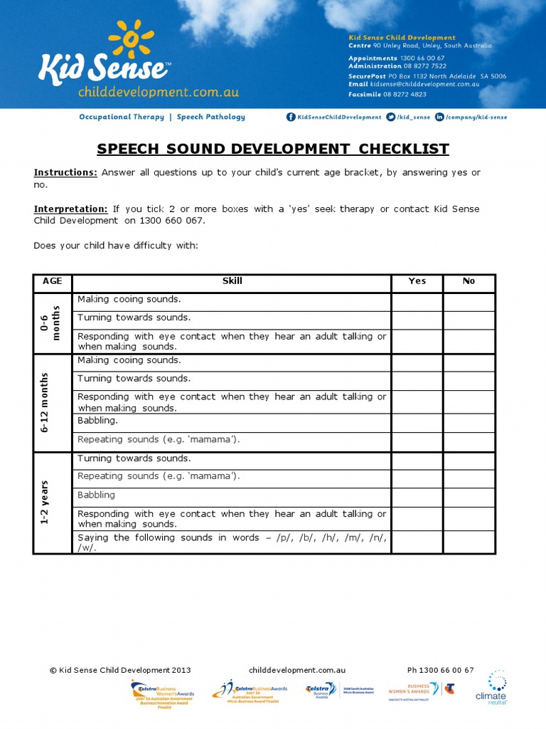 Speech Sound Development Checklist PDF Consonant Syllable