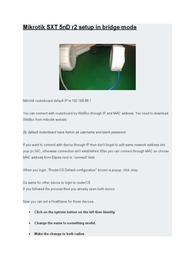Mikrotik SXT 5nD r2 Setup in Bridge Mode | PDF | Wireless Lan | Networks