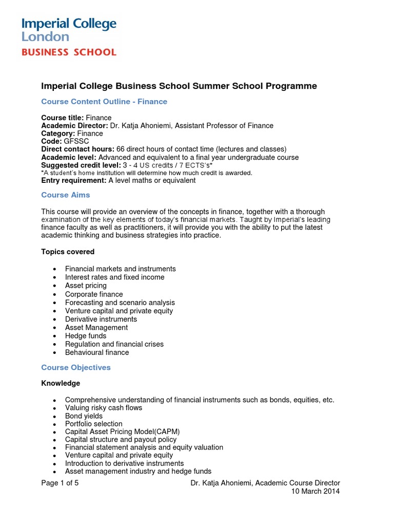 Imperial Finance Summer School Outline | PDF | Investment Management ...
