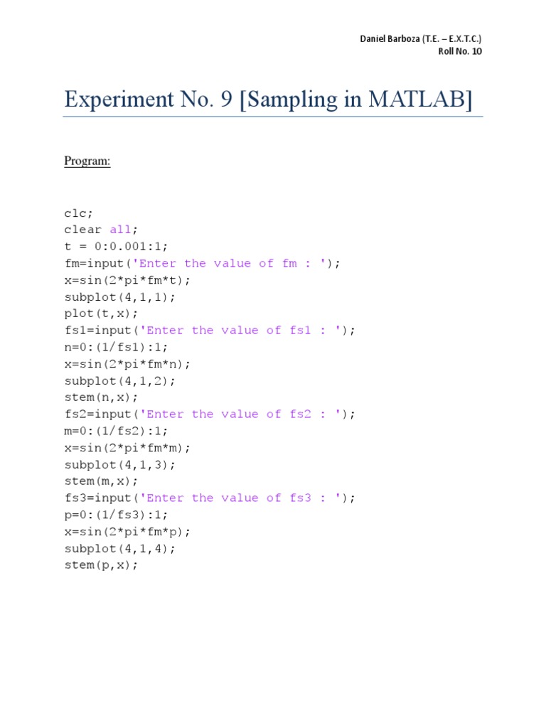 Experiment No. 9 (Sampling in MATLAB) : All 'Enter The Value of FM: ' | PDF
