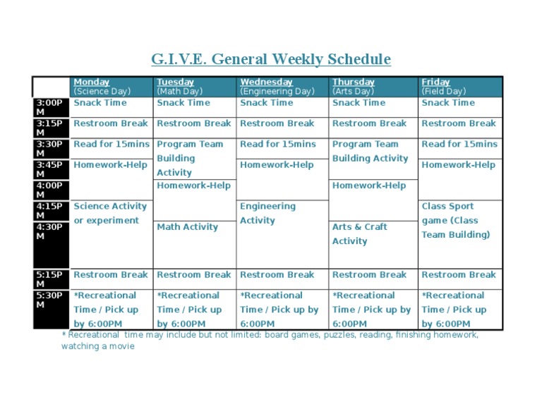 Weekly G.I.V.E. Program Schedule | PDF