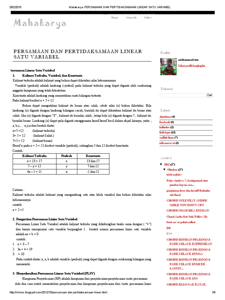 Mahakarya Persamaan Dan Pertidaksamaan Linear Satu Variabel