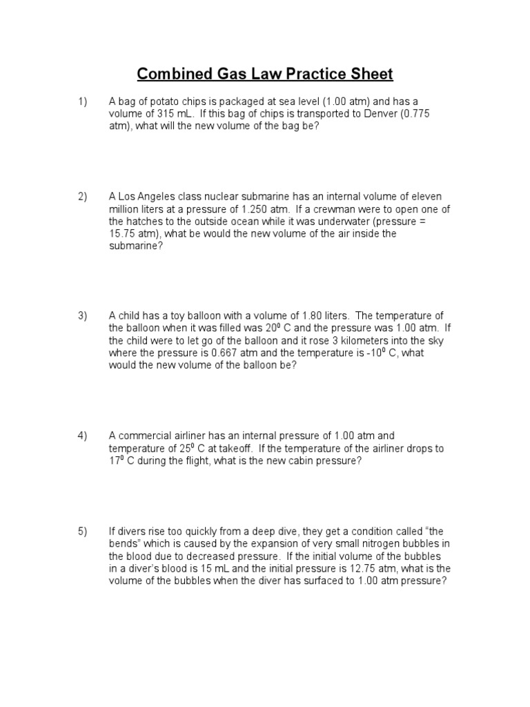 Combined Gas Law Practice Problems | PDF | Science & Mathematics