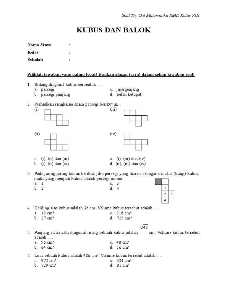 Soal Jaring Jaring Kubus Dan Balok Kls 5 Sd