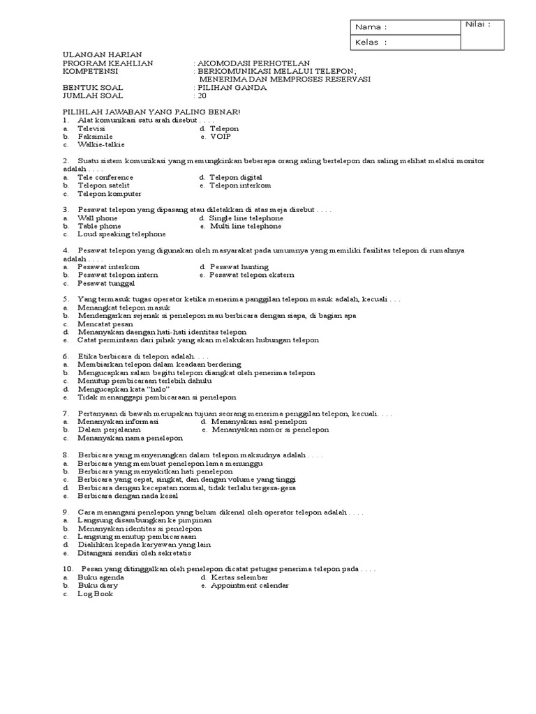 Soal Ulangan Harian Akomodasi Perhotelan