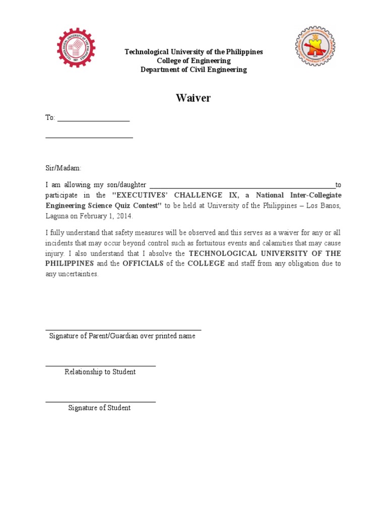 Waiver: Technological University of The Philippines College of ...