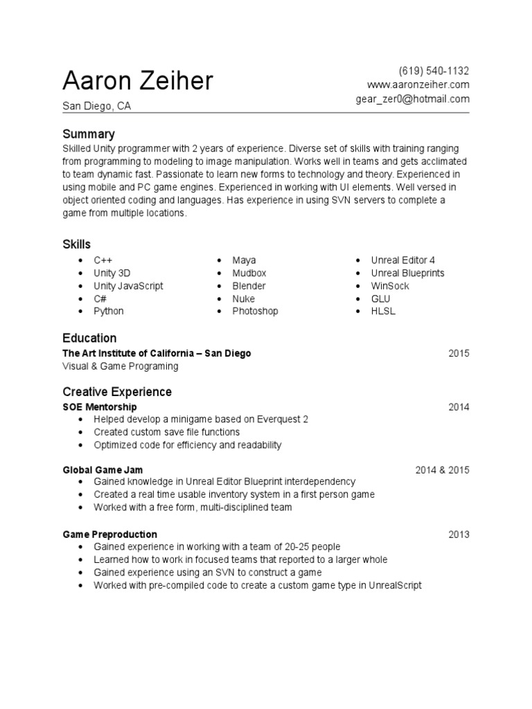 Unity Programmer & Game Developer Skills | PDF