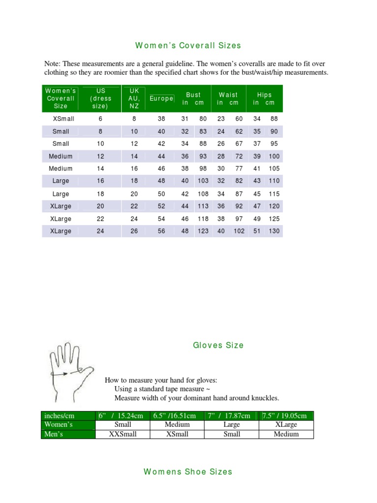 Women's Coverall Size Guide | PDF