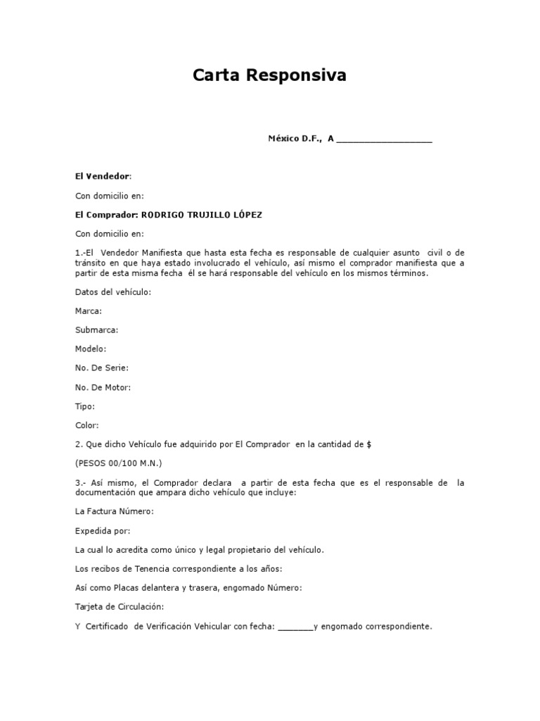 Carta Responsiva de Automovil