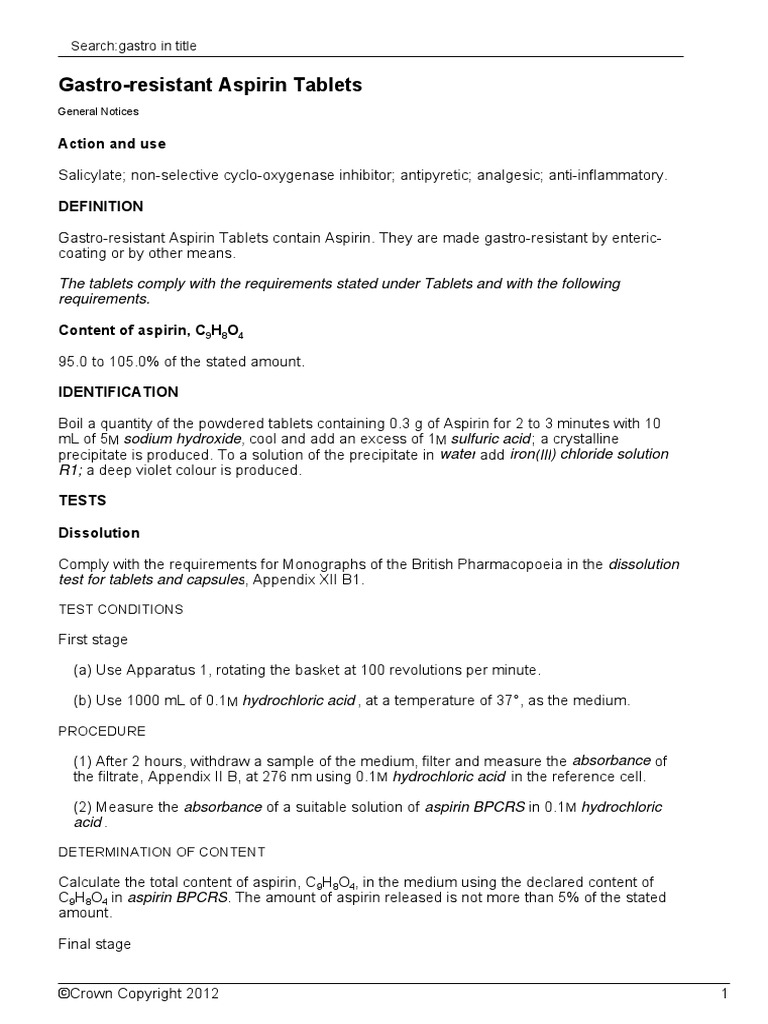 GastroResistant Aspirin Tablets Action and Use PDF Chromatography