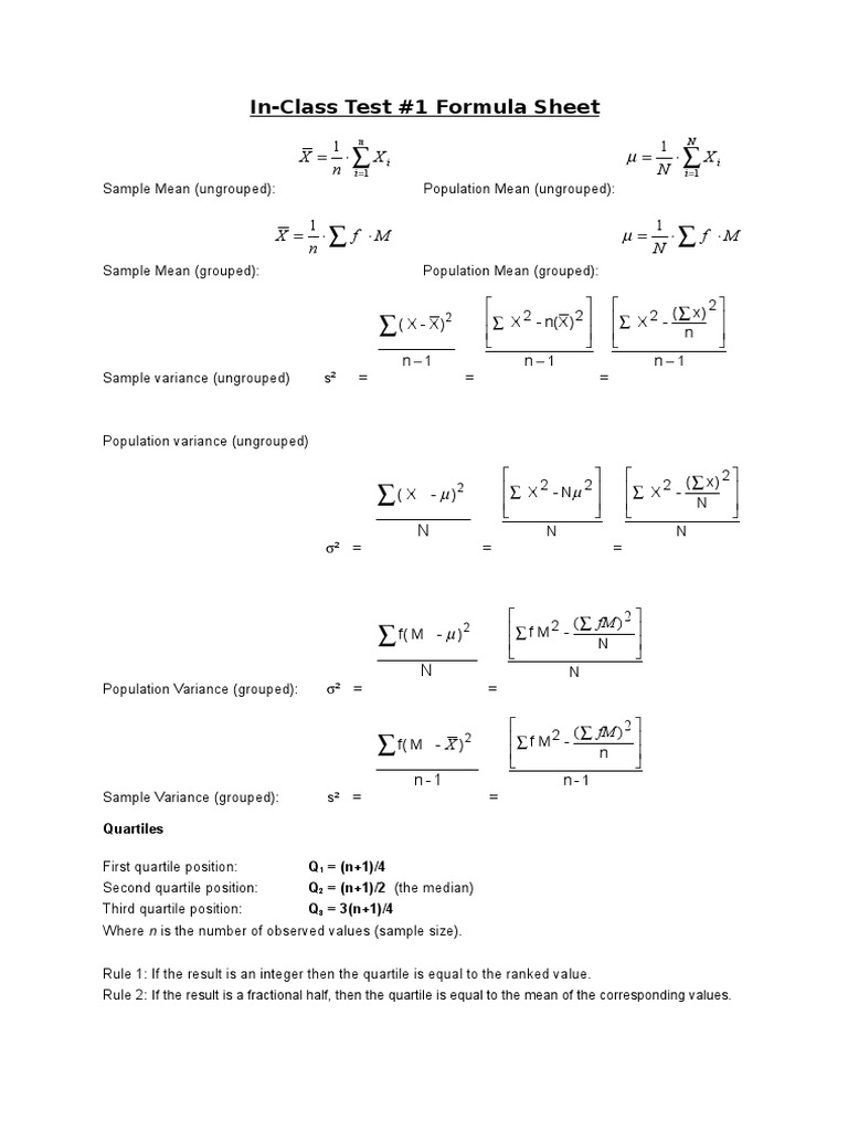 Statistics Formula Sheet | PDF