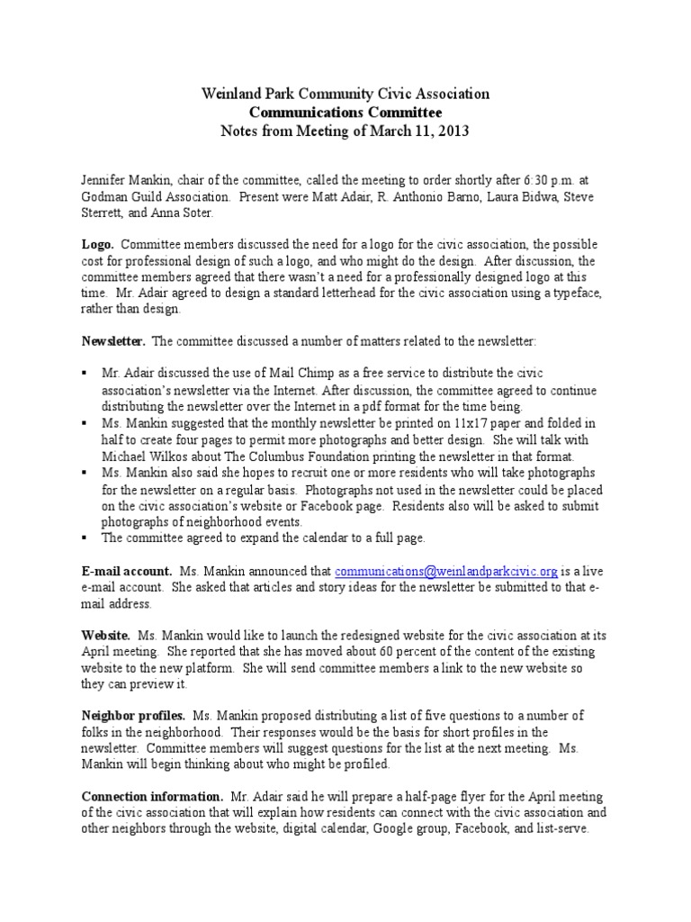 Communications Meeting Notes - March 11 2013 | PDF | Social Science