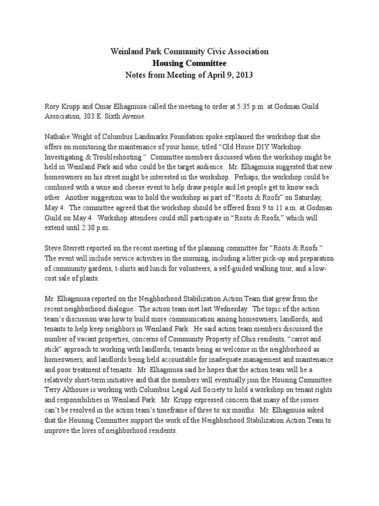 Housing Meeting Notes - April 9 2013 | PDF | Landlord | Government