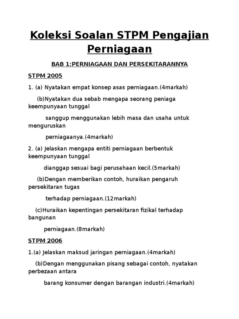 Koleksi Soalan Stpm Pengajian Perniagaan Pdf