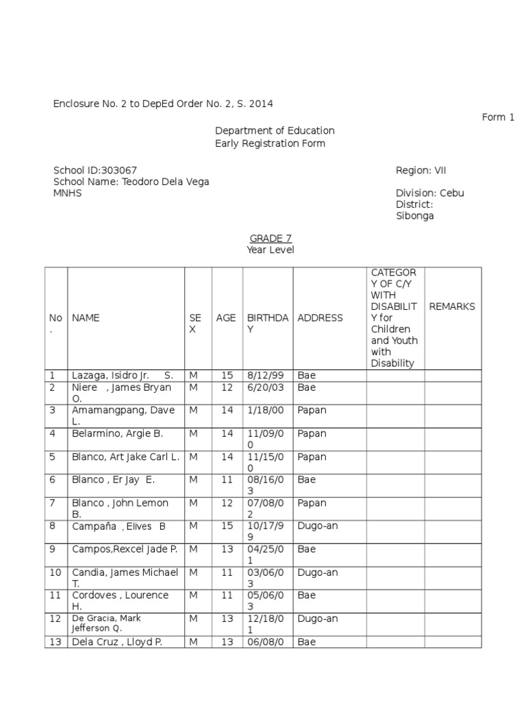 Early Registration Form for Grade 7 | PDF | Sports & Recreation | Home ...