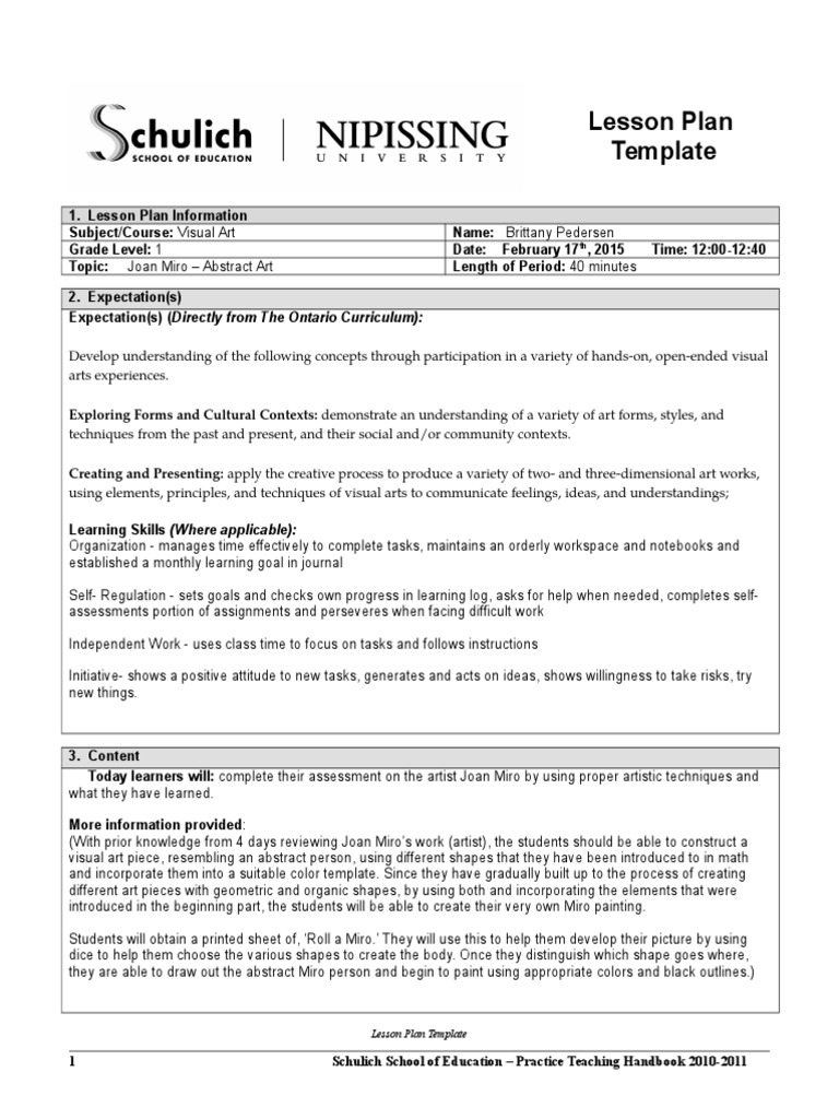 Lesson Plan - Visual Arts | PDF | Lesson Plan | Educational Assessment