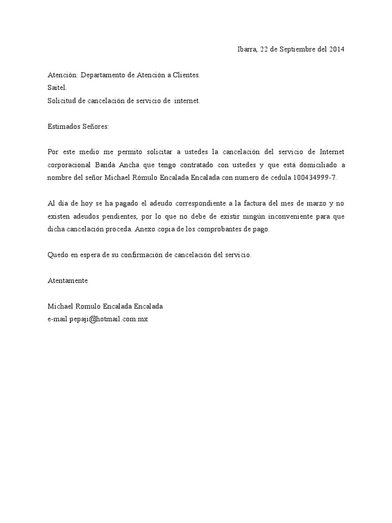 Carta De Cancelacion De Servicio De Internet Compartir Carta