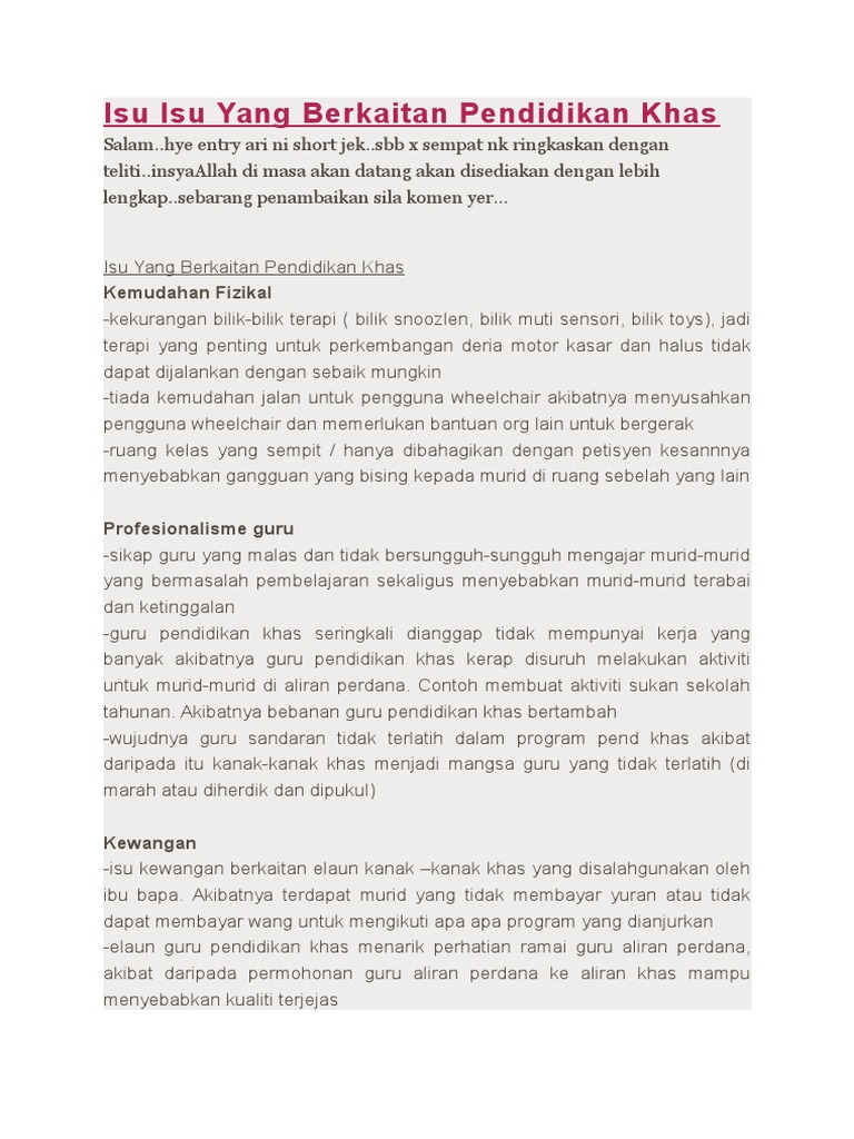 Isu Isu Yang Berkaitan Pendidikan Khas