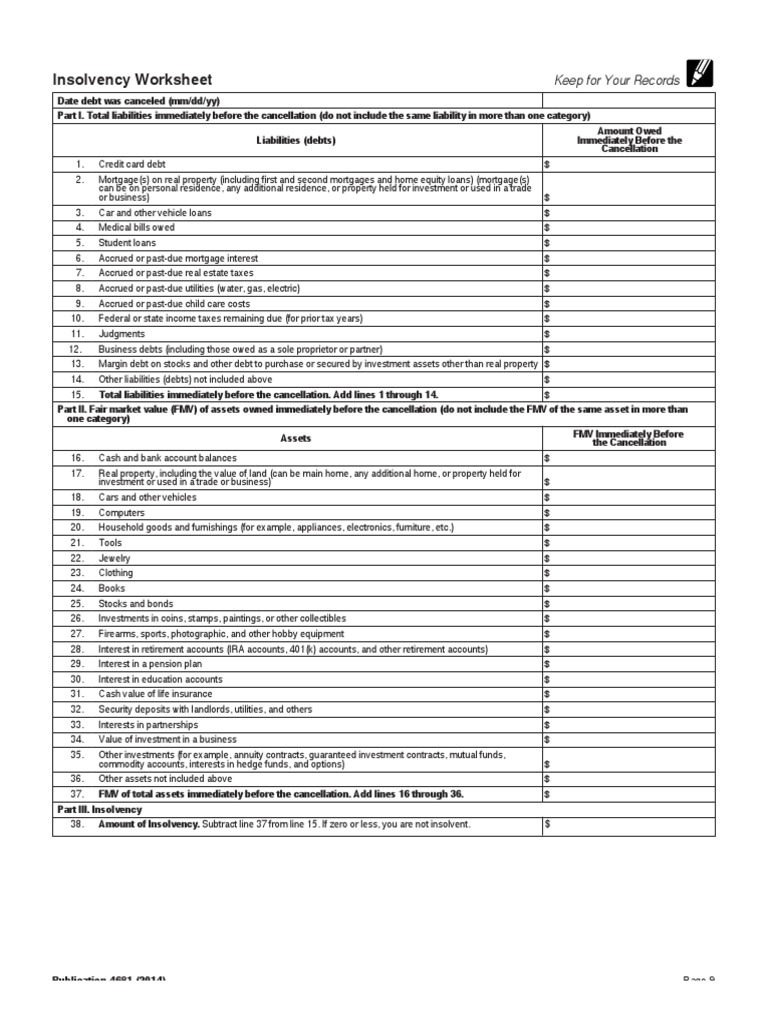 Insolvency Worksheet | Debt | Loans