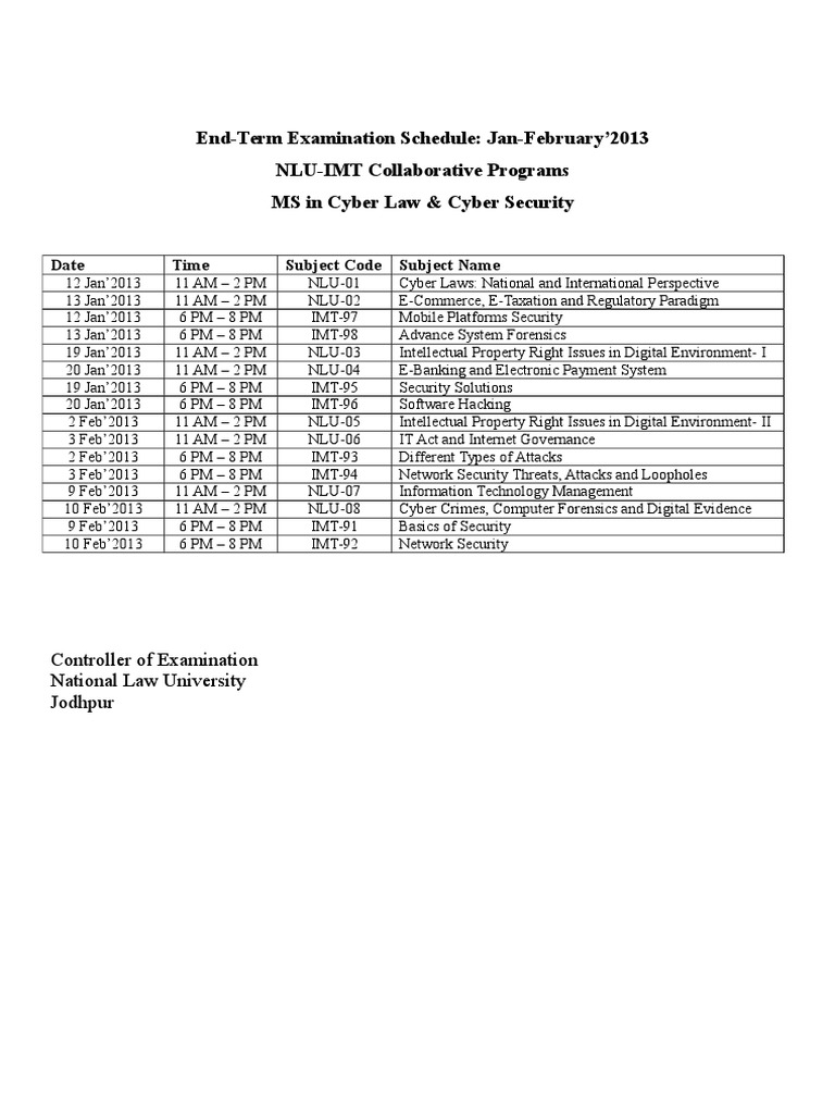End Term Schedule Jan-Feb 2013 MSCS - Doc (IMT) | PDF