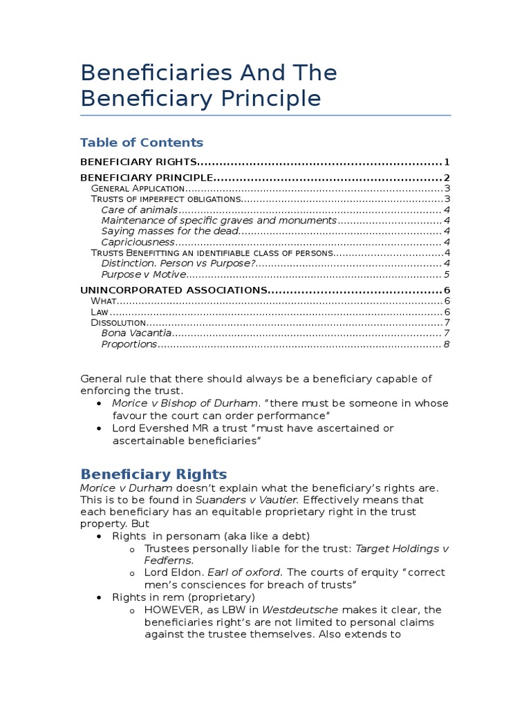 Beneficiaries and The Beneficiary Principle Trust Law English Trust Law