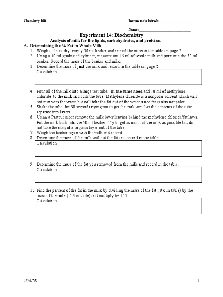 Chem 100 Lab 14 Biochem PDF Milk Sodium Hydroxide