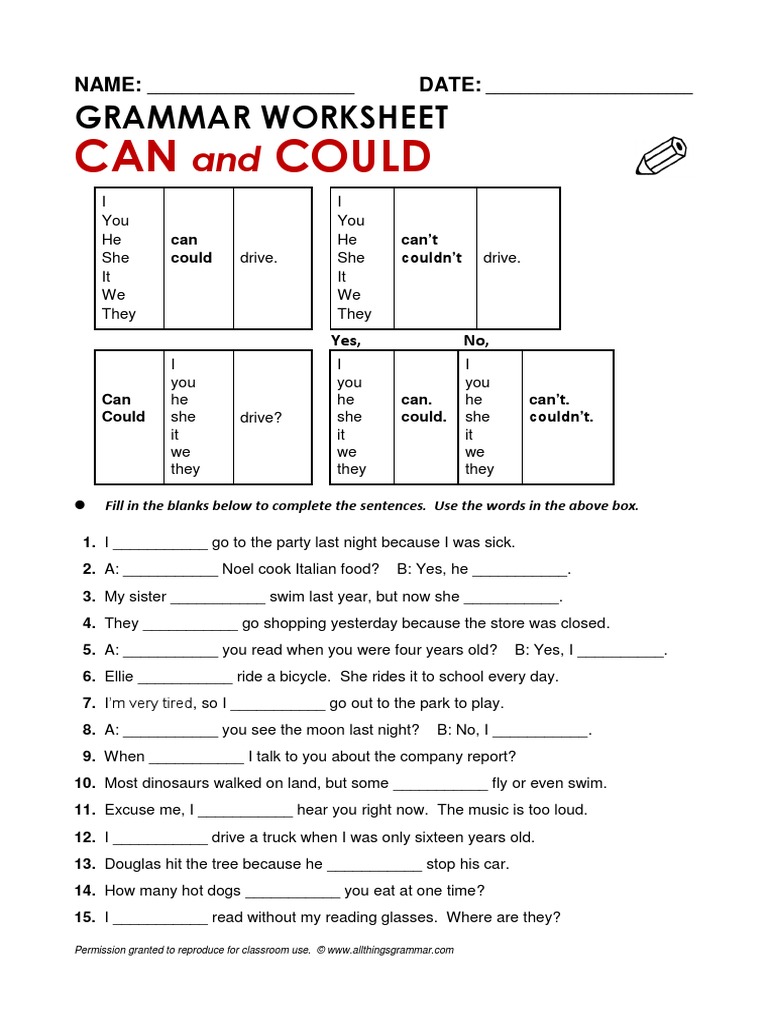 English Grammar Worksheet Can Could Grammar Linguistics