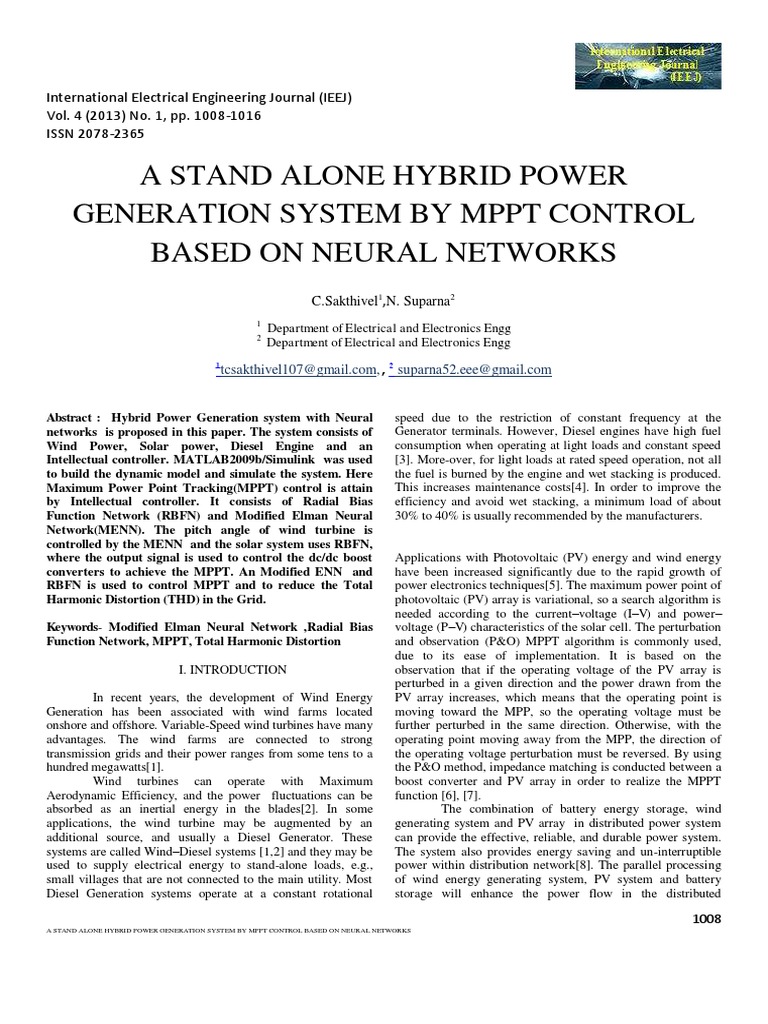A STAND ALONE HYBRID POWER GENERATION SYSTEM BY MPPT CONTROL BASED ON ...