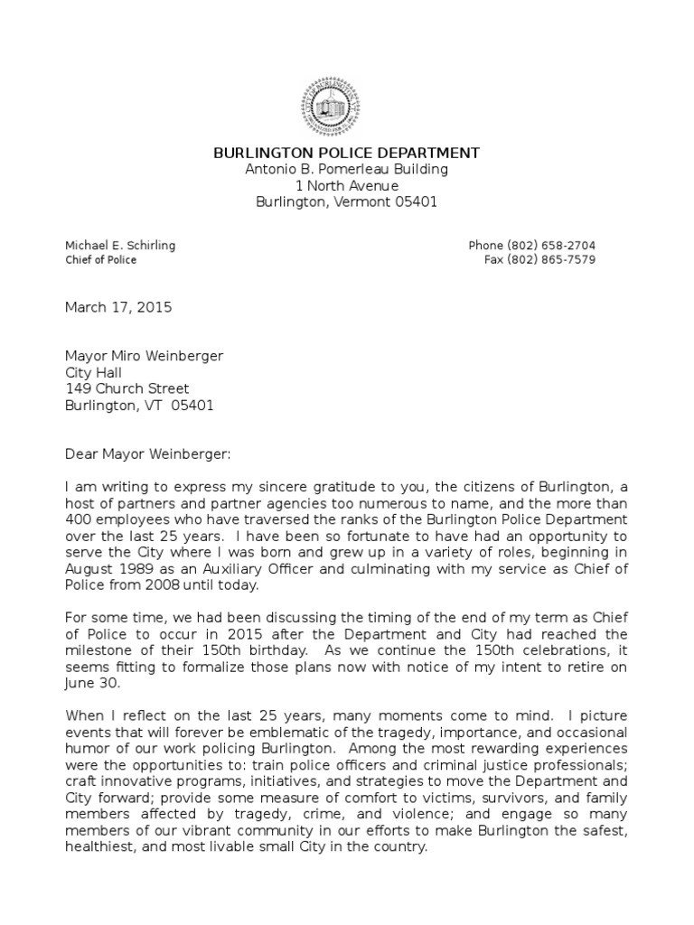 Burlington Police Chief Schirling Retirement Letter | Misconduct